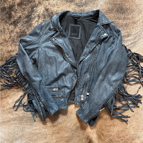 mauritius Jackets & Blazers - Mauritius Zoe Leather Jacket (blue denim with fringe - size 12)